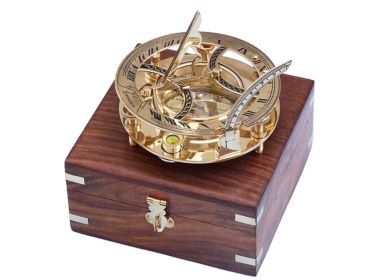 Solid Brass Round Sundial Compass w/ Rosewood Box 6""