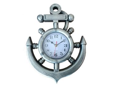 Silver Ship Wheel and Anchor Wall Clock 15""