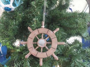 Rustic Wood Finish Decorative Ship Wheel With Seashell Christmas Tree Ornament  6""