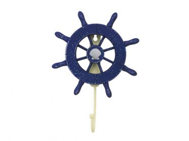 Rustic All Dark Blue Decorative Ship Wheel with Seashell and Hook 8&quot;