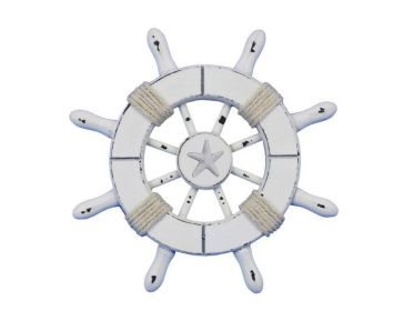 Rustic White Decorative Ship Wheel With Starfish 6""