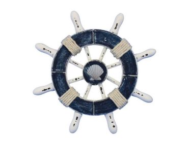 Rustic Dark Blue and White Decorative Ship Wheel With Seashell  6""