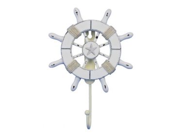 Rustic All White Decorative Ship Wheel with Starfish and Hook 8&quot;