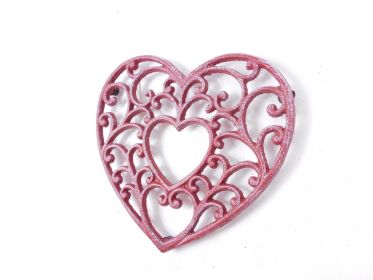 Rustic Red Whitewashed Cast Iron Decorative Heart Kitchen Trivet 8""