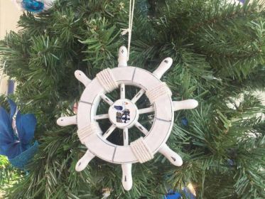 Rustic White Decorative Ship Wheel With Seagull Christmas Tree Ornament 6""