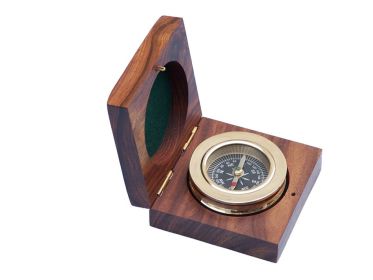 Brass Paperweight Compass w/ Rosewood Box 3""