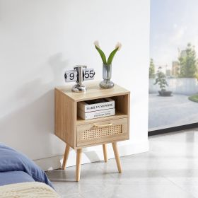 15.75" Rattan End table with drawer and solid wood legs, Modern nightstand, side table for living room, bedroom,natural