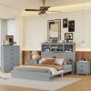 4-Pieces Bedroom Sets Queen Size Vintage Wooden Bed Frame with 2 Nightstands and 1 Dresser,Light Gray