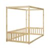 Twin Size Canopy Frame Floor Bed with Fence, Guardrails,Natural