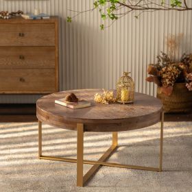 33.86"Modern Retro Splicing Round Coffee Table,Fir Wood Table Top with Gold Cross Legs Base(Same SKU:W757127348)