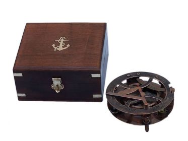 Antique Copper Round Sundial Compass with Rosewood Box 6""