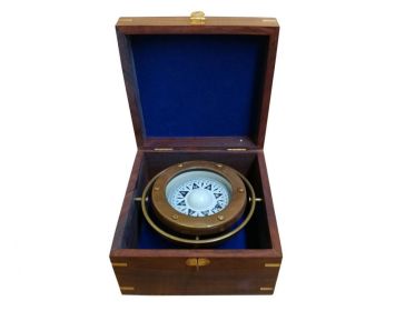 Antique Brass Gimbal Compass w/ Rosewood Box 5""