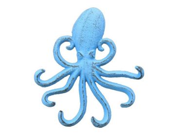 Rustic Light Blue Cast Iron Wall Mounted Decorative Octopus Hooks 7""