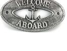 Antique Silver Cast Iron Welcome Aboard with Anchor Sign 8""