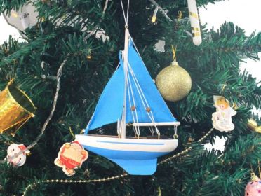 Wooden Light Blue Sailboat with Light Blue Sails Christmas Tree Ornament 9""