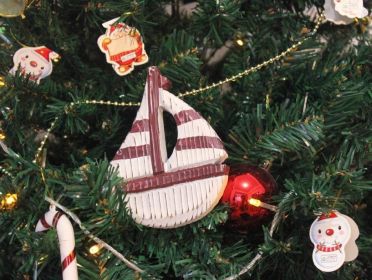 Wooden Rustic Decorative Red and White Sailboat Christmas Tree Ornament