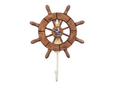 Rustic Wood Finish Decorative Ship Wheel with Seagull and Hook 8&quot;