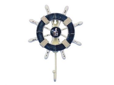 Rustic Dark Blue and White Decorative Ship Wheel With Seagull and Hook 8&quot;