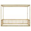 Twin Size Canopy Frame Floor Bed with Fence, Guardrails,Natural