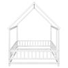 Full Size Floor Wooden Bed with House Roof Frame, Fence Guardrails ,White