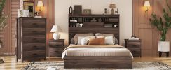 4-Pieces Bedroom Sets Queen Size Vintage Wooden Bed Frame with 2 Nightstands and 1 Dresser,Dark Walnut