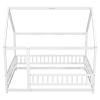 Full Size Floor Wooden Bed with House Roof Frame, Fence Guardrails ,White