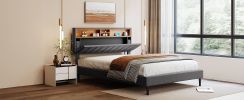 Queen Size Upholstered Platform Bed with Storage Headboard and USB Port, Linen Fabric Upholstered Bed (Gray)