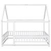 Full Size Floor Wooden Bed with House Roof Frame, Fence Guardrails ,White