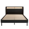 Modern Cannage Rattan Wood Platform Queen Bed, Black