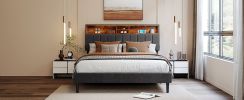 Queen Size Upholstered Platform Bed with Storage Headboard and USB Port, Linen Fabric Upholstered Bed (Gray)