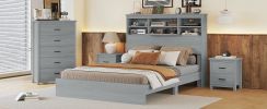 4-Pieces Bedroom Sets Queen Size Vintage Wooden Bed Frame with 2 Nightstands and 1 Dresser,Light Gray