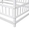 Full Size Floor Wooden Bed with House Roof Frame, Fence Guardrails ,White