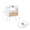 15.75" Rattan End table with drawer and solid wood legs, Modern nightstand, side table for living room, bedroom, white