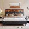 Queen Size Upholstered Platform Bed with Storage Headboard and USB Port, Linen Fabric Upholstered Bed (Gray)