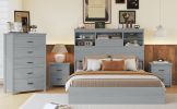 4-Pieces Bedroom Sets Queen Size Vintage Wooden Bed Frame with 2 Nightstands and 1 Dresser,Light Gray