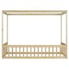 Twin Size Canopy Frame Floor Bed with Fence, Guardrails,Natural