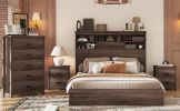 4-Pieces Bedroom Sets Queen Size Vintage Wooden Bed Frame with 2 Nightstands and 1 Dresser,Dark Walnut