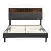 Queen Size Upholstered Platform Bed with Storage Headboard and USB Port, Linen Fabric Upholstered Bed (Gray)