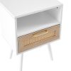 15.75" Rattan End table with drawer and solid wood legs, Modern nightstand, side table for living room, bedroom, white