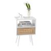 15.75" Rattan End table with drawer and solid wood legs, Modern nightstand, side table for living room, bedroom, white