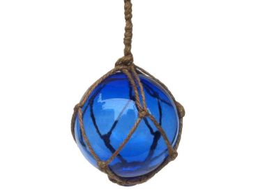 Blue Japanese Glass Ball Fishing Float With Brown Netting Decoration 4""