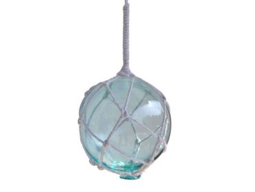 Light Blue Japanese Glass Ball Fishing Float With White Netting Decoration 4""