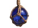 Blue Japanese Glass Ball Fishing Float With Brown Netting Decoration 2""