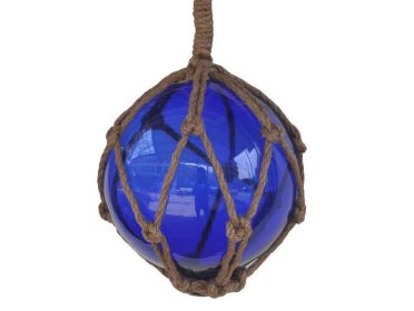 Blue Japanese Glass Ball Fishing Float With Brown Netting Decoration 6""