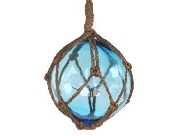 Light Blue Japanese Glass Ball Fishing Float With Brown Netting Decoration 6""