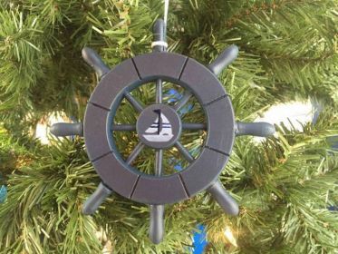 Dark Blue Decorative Ship Wheel With Sailboat Christmas Tree Ornament 6""