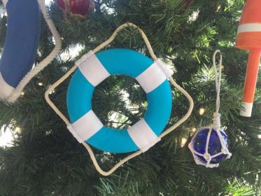 Vibrant Light Blue Decorative Lifering With White Bands Christmas Ornament 6""