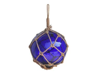 Blue Japanese Glass Ball Fishing Float With Brown Netting Decoration 12""