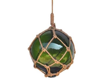 Green Japanese Glass Ball Fishing Float With Brown Netting Decoration 12""