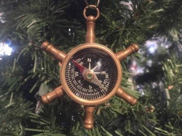 Antique Brass Ship's Wheel Compass Christmas Ornament 4""